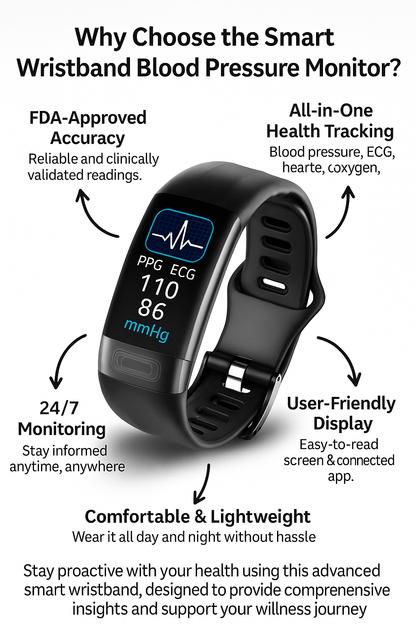 Smart Wristband Blood Pressure Monitor – ECG, Heart Rate, Oxygen Saturation & Sleep Tracker – FDA Approved
