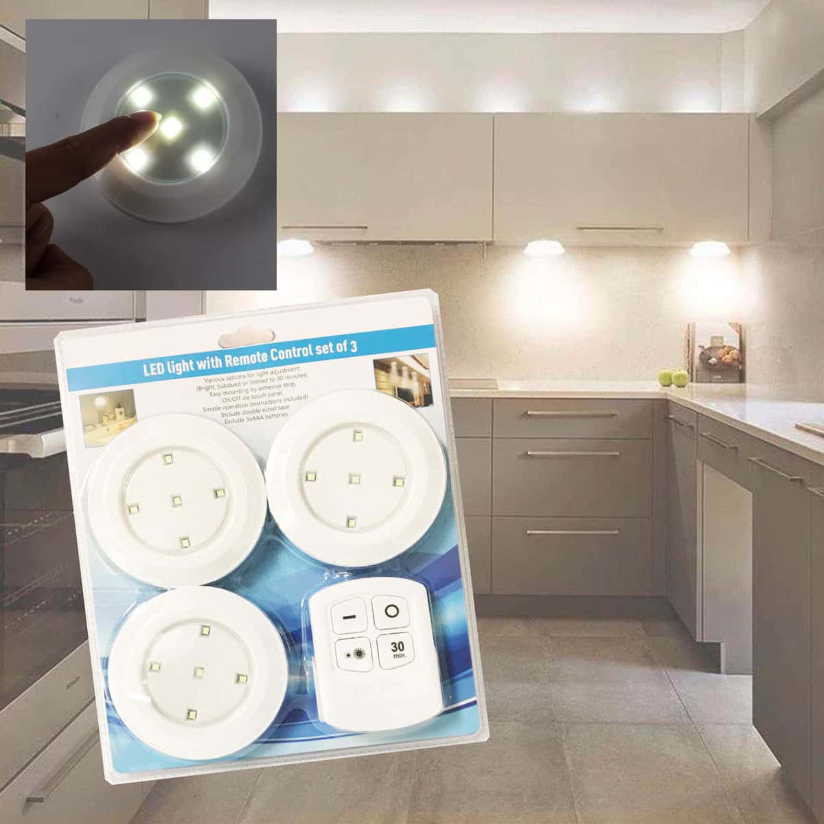 3-Pack Round LED Spotlights – Wireless, Dimmable, with Remote Control and Timer