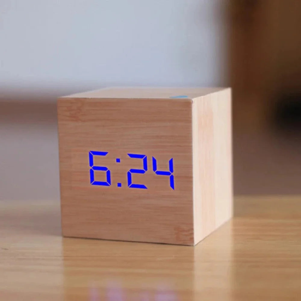 Wooden LED Digital Alarm Clock | Compact Bedroom Table Clock