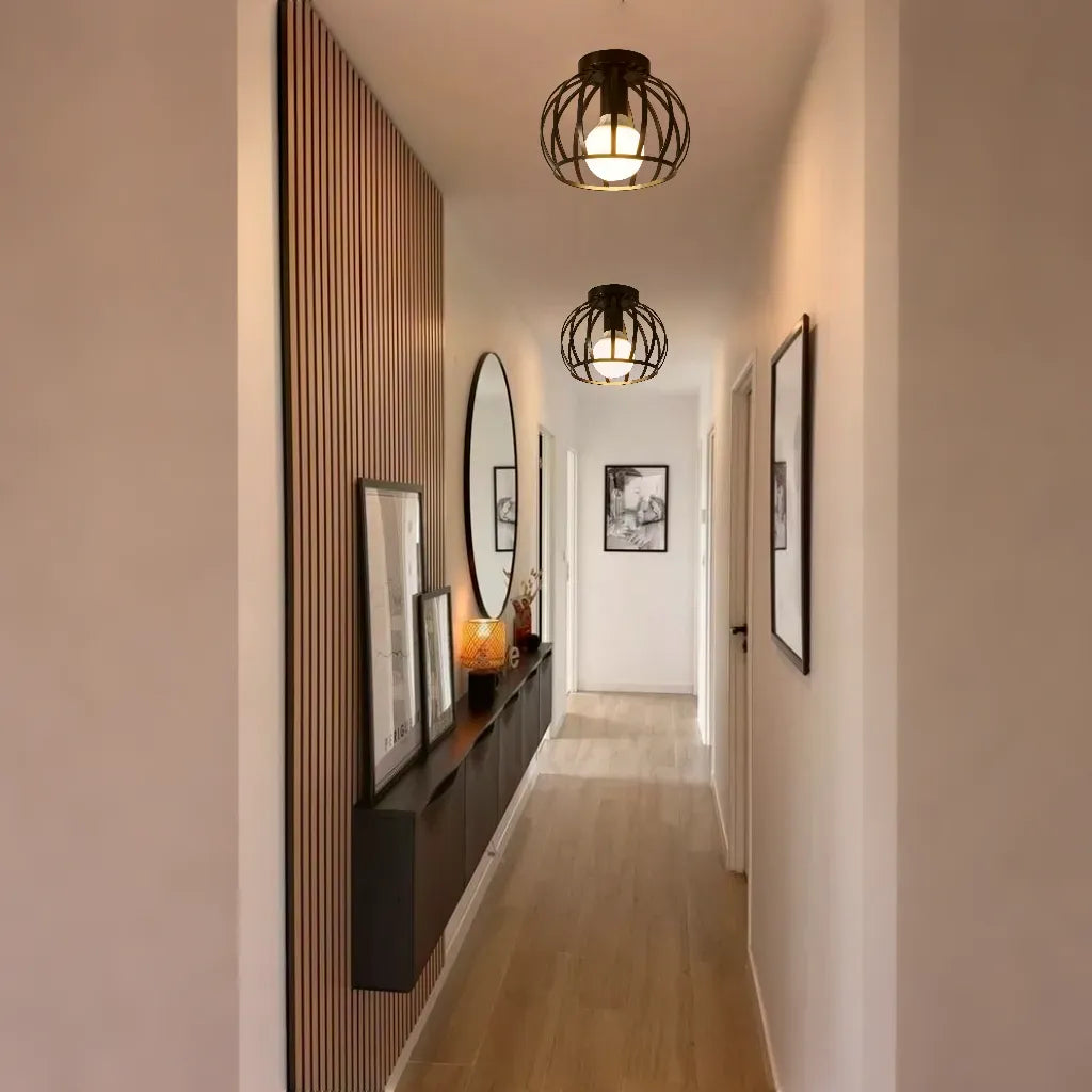 Industrial Cage Ceiling Light | Modern Hallway Fixture