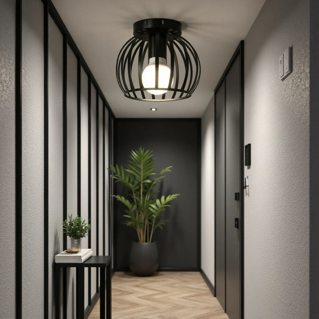 Industrial Cage Ceiling Light | Modern Hallway Fixture