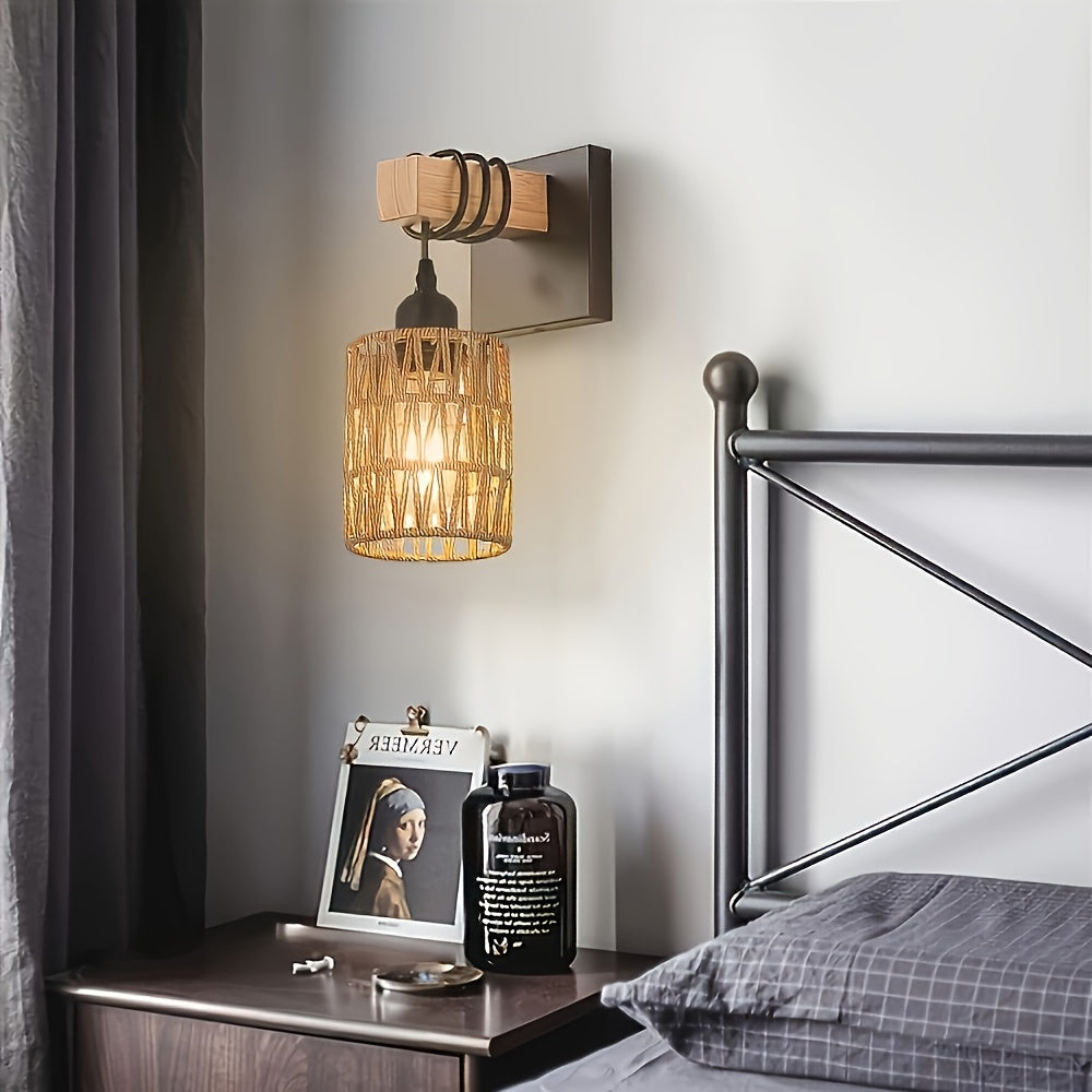 Boho Wall Lamp | Woven Rattan Wall Light for Bedroom