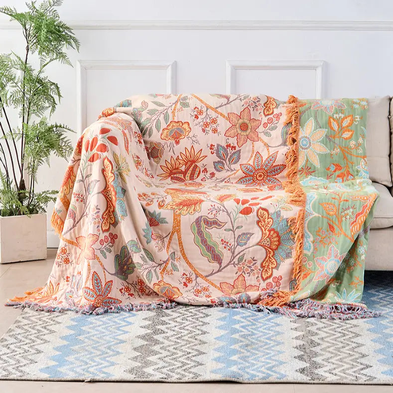 Bohemian Bloom Couch Cover Blanket | Soft Cotton Throw for Sofa