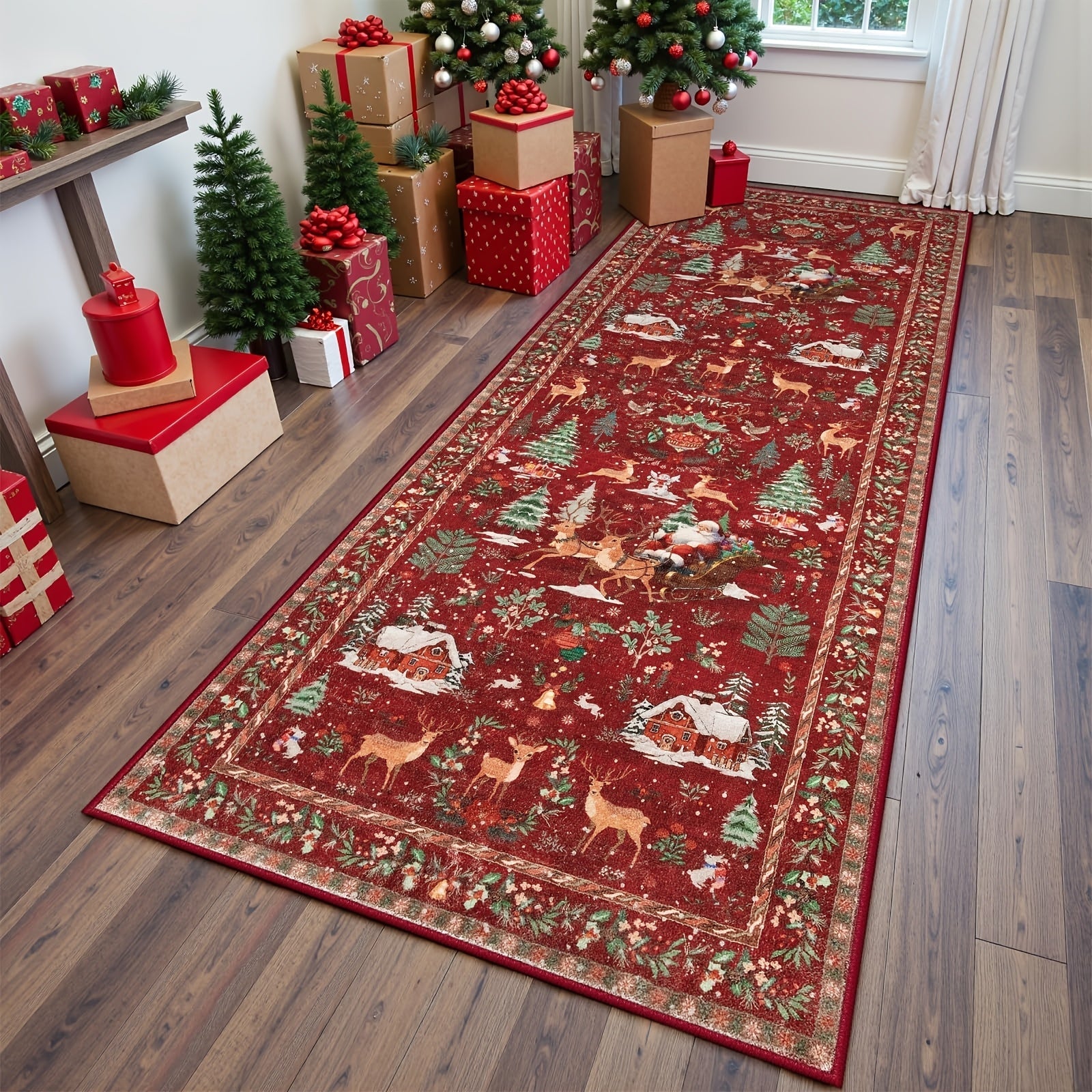 Christmas Hallway Rug | Santa Sleigh and Tree Design