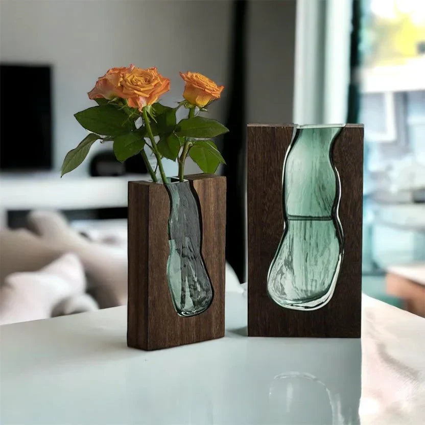 Delira Scandinavian Glass Vase | Minimalistic Wood and Glass Design