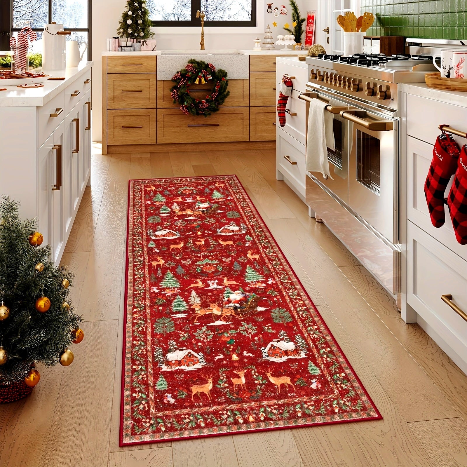 Christmas Hallway Rug | Santa Sleigh and Tree Design