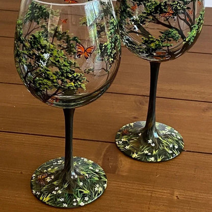 Four Seasons Tree Wine Glasses Hand - Painted Artistic Design For Elegant Sipping - Luxyecs