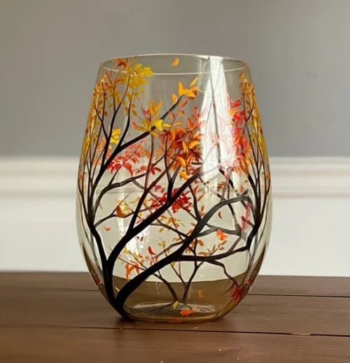 Four Seasons Tree Wine Glasses Hand - Painted Artistic Design For Elegant Sipping - Luxyecs