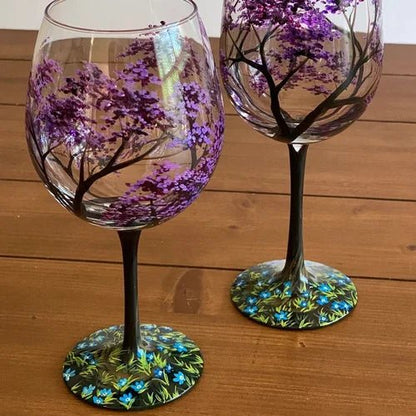 Four Seasons Tree Wine Glasses Hand - Painted Artistic Design For Elegant Sipping - Luxyecs