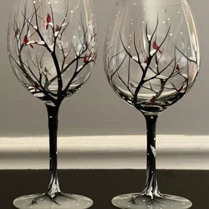 Four Seasons Tree Wine Glasses Hand - Painted Artistic Design For Elegant Sipping - Luxyecs