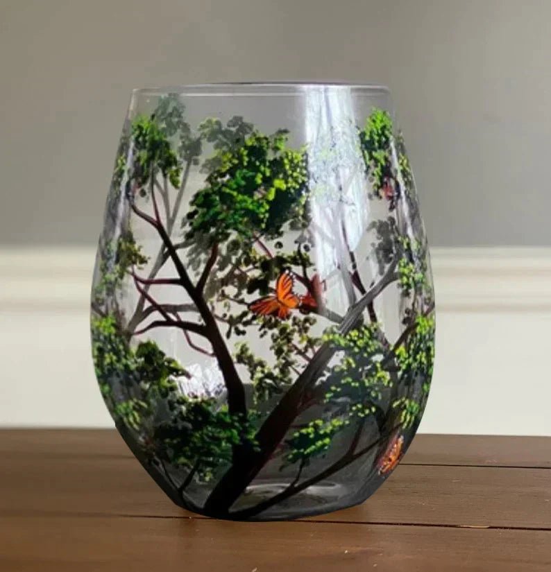 Four Seasons Tree Wine Glasses Hand - Painted Artistic Design For Elegant Sipping - Luxyecs