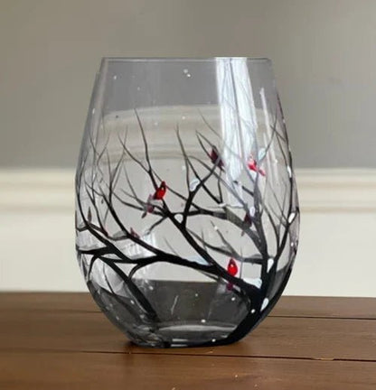 Four Seasons Tree Wine Glasses Hand - Painted Artistic Design For Elegant Sipping - Luxyecs