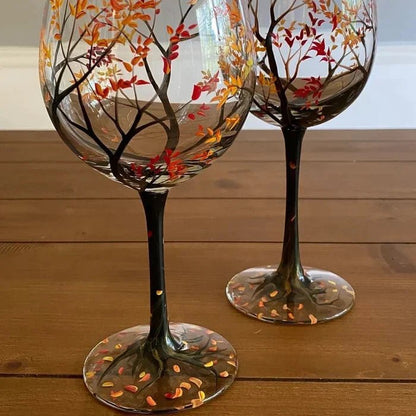 Four Seasons Tree Wine Glasses Hand - Painted Artistic Design For Elegant Sipping - Luxyecs
