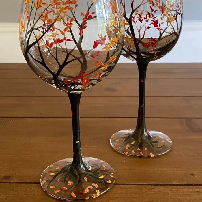 Four Seasons Tree Wine Glasses Hand - Painted Artistic Design For Elegant Sipping - Luxyecs