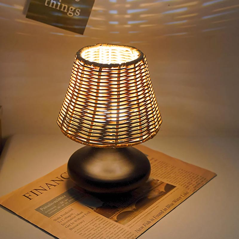 Rattan and Black Bedside Lamp – Timeless Natural Elegance
