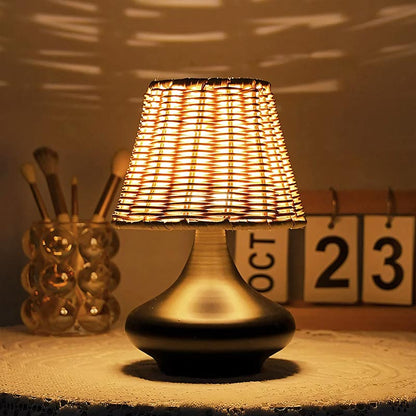 Rattan and Black Bedside Lamp – Timeless Natural Elegance