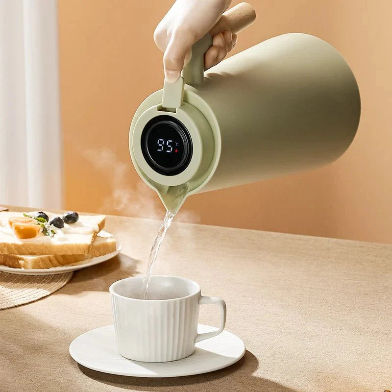 Thermal Jug with Temperature Display | Wooden Handle Insulated Water Pitcher