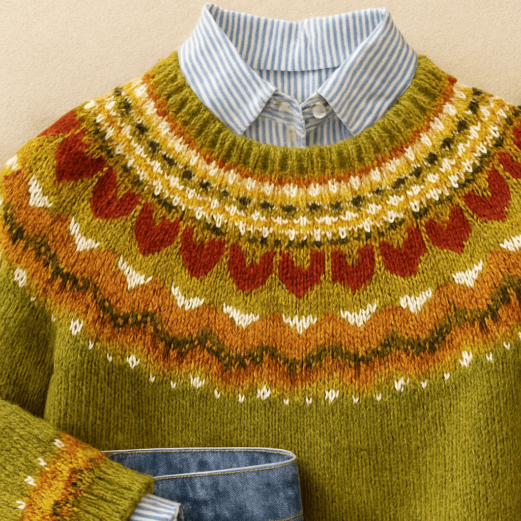 Women’s Knit Sweater | Nordic Pattern Crewneck Pullover - Luxyecs