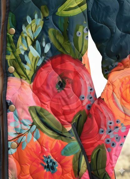 Women’s Quilted Jacket | Floral Print Casual Outerwear - Luxyecs